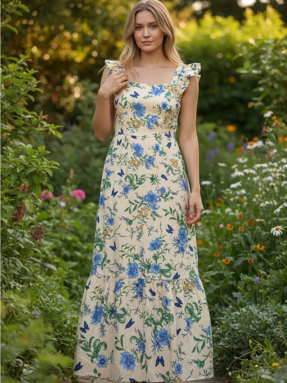 London Times Cream Dress with Blue and Green Floral Print